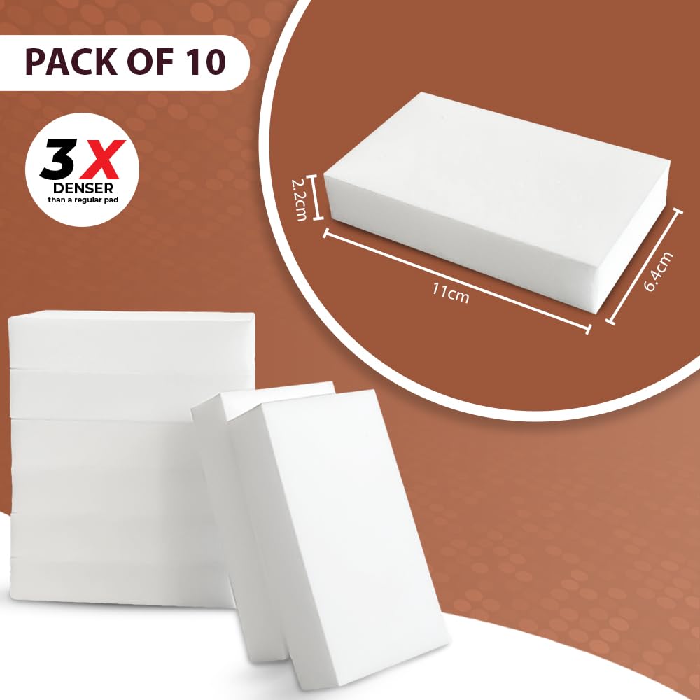 FABRIO Cleaning Eraser Sponges - Pack of 10 (3 Denser) - Melamine Foam for Kitchen, Bathroom & Home