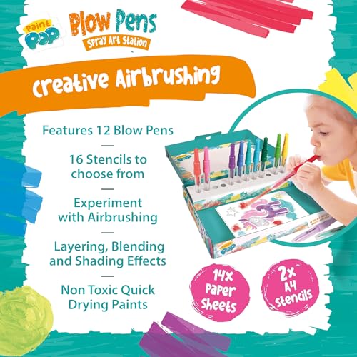 Paint Pop Blow Pens Spray Art Station - 12 Pens, Multi Coloured | Quick-Drying Paint | Includes Stencils & Paper 3