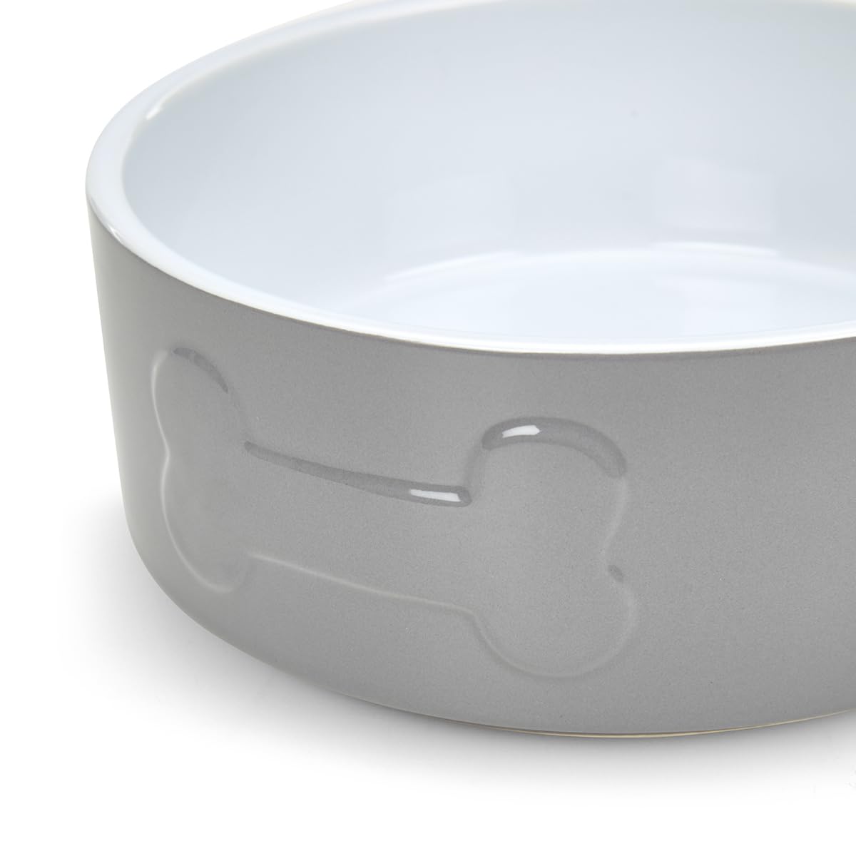 Petface Bone Ceramic Pet Bowl - Grey/White, 15 cm Diameter, Heavy Weighted for Dogs