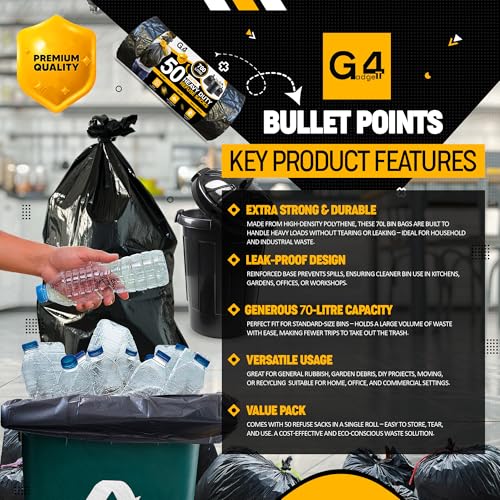 G4GADGET 70L Black Bin Bags (50 Bags) – Heavy-Duty Refuse Sacks for Home & Commercial Use