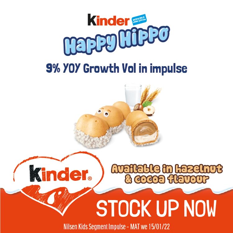 Kinder Happy Hippo Hazelnut Biscuit Wafer with Milk and Hazelnut Filling, 10 Packs of 5 Biscuits (50 Total)