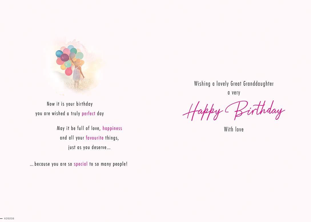 Piccadilly Greetings Traditional Birthday Card for Great Granddaughter | 9 x 6 Inches | Includes Envelope