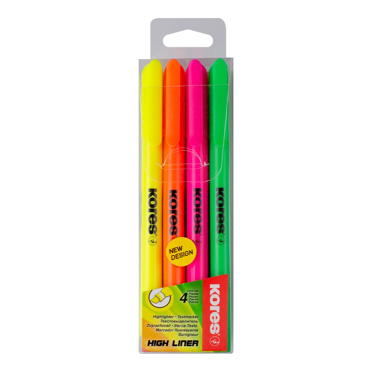 Kores High Liner Neon Highlighter Pens - Set of 4 | Chisel Tip 1-4mm | Water-Based Ink