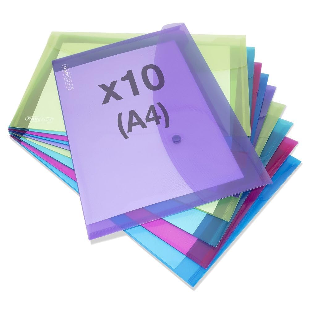 RAPESCO Popper Wallets 1665 - A4+ Capacity, 150 Sheets, Assorted Transparent Colours | Pack of 10