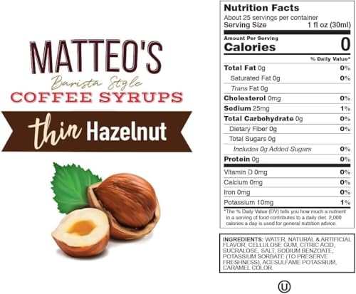 Matteo's Sugar Free Coffee Flavoring Syrup, Hazelnut, 0 Calorie, Keto Friendly, 25.4 Oz