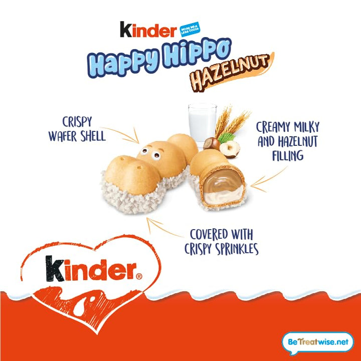 Kinder Happy Hippo Hazelnut Biscuit Wafer with Milk and Hazelnut Filling, 10 Packs of 5 Biscuits (50 Total)