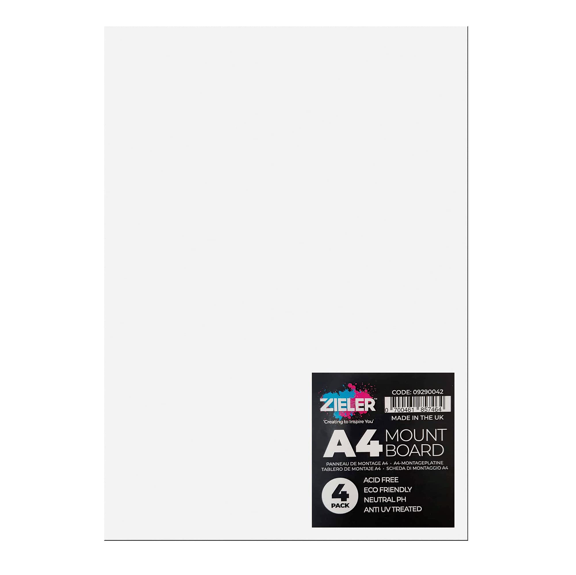 Zieler White Mount Board - 1.4mm Thick, High-White, Acid Free | A4 | 4 Sheets