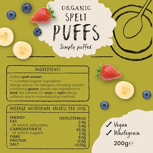Amisa Organic Spelt Puffs, 200g - Light & Crunchy Texture - High in Fibre & Vegan