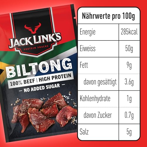 Jack Link's Biltong Jerky Original - Pack of 12 x 20g, Gluten Free High Protein Beef Snack