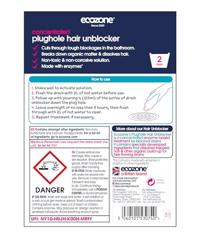 Ecozone Plughole Hair Unblocker - 250ml Enzymatic Drain Cleaner