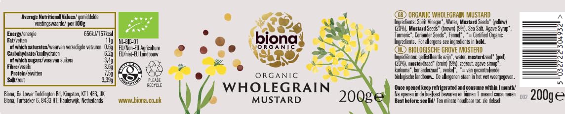 Biona Organic Wholegrain Mustard - 200g Jar | Vegan Friendly | Certified Organic