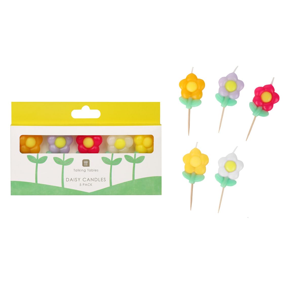 Talking Tables 5 x Daisy Flower Birthday Candles - 4cm Sojawachs Cake Toppers in Yellow, Pink, White 2