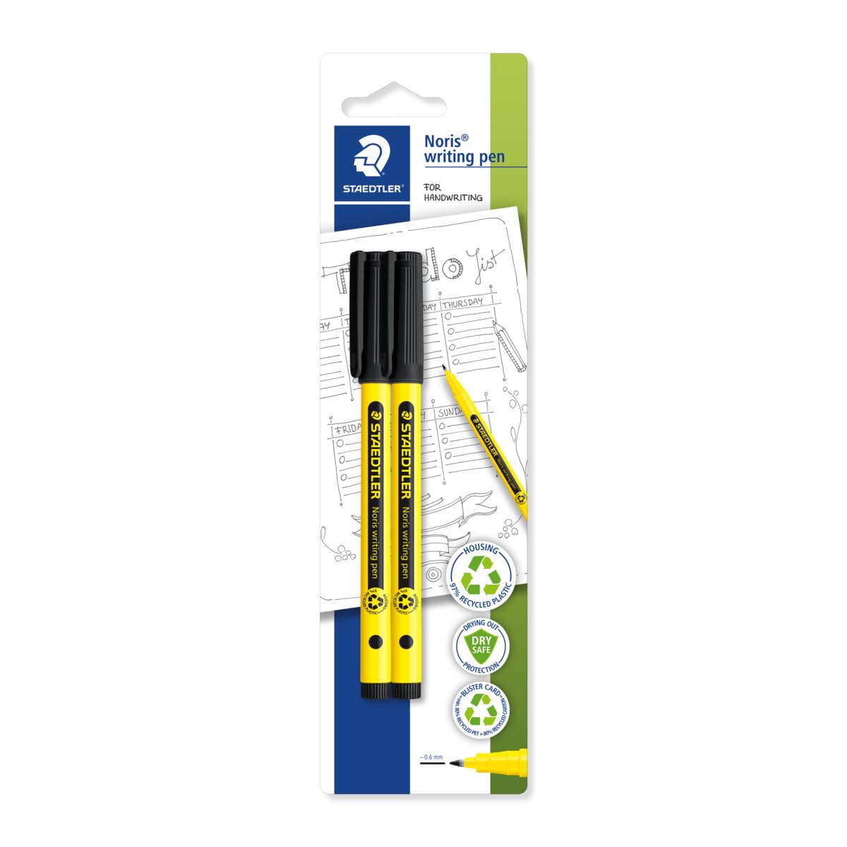 STAEDTLER Noris Handwriting Pen - Black | 0.6mm Fineliner Tip | Pack of 2