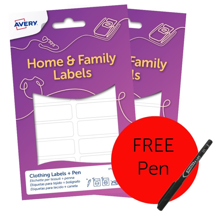 AVERY Clothing Name Labels with Pen - 72 Stick-On Labels for Clothes | Machine Wash Safe