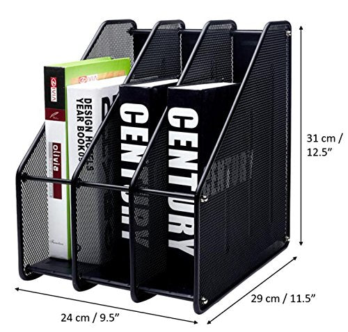 EXERZ Magazine Holder Triple Rack - 3 Compartments Vertical Mesh Metal for A4 Files | Black Iron