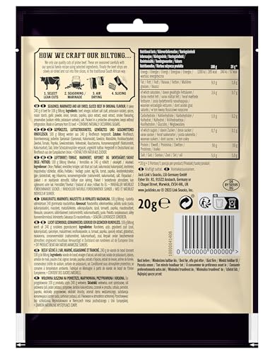 Jack Link's Biltong Jerky Original - Pack of 12 x 20g, Gluten Free High Protein Beef Snack