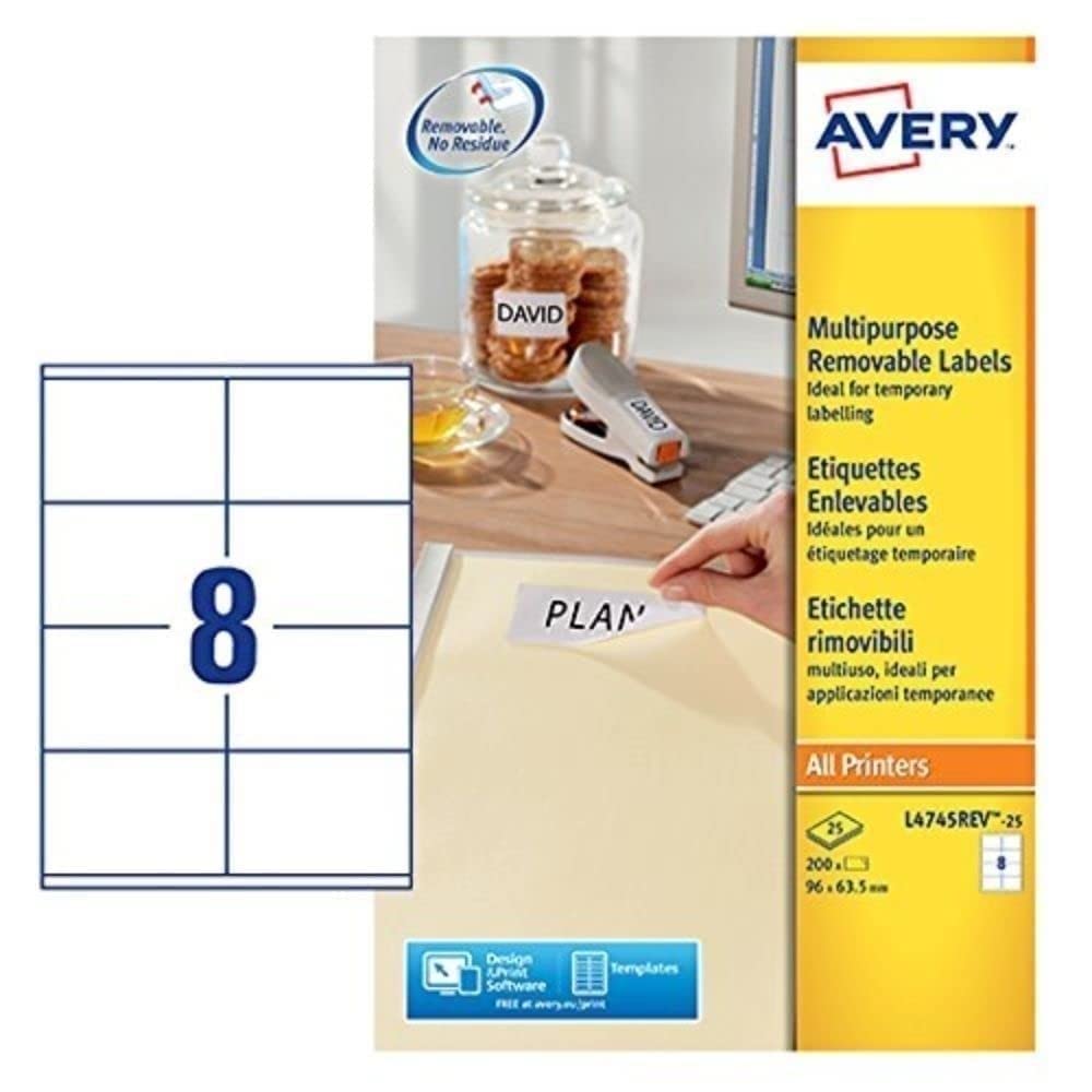 AVERY L4745REV-25 Removable Printer Labels - 8 Labels/Sheet, White, FSC Certified | 96 x 63.5 mm 1