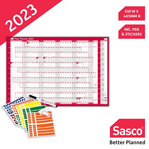 Sasco - 2023 Compact Year Wall Planner Landscape with Wet Wipe Pen & Sticker Pack Wall Calendar