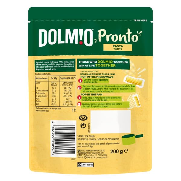 Dolmio Pasta Twists Microwave Fusili Pasta, Bulk Multipack 6 x 200g