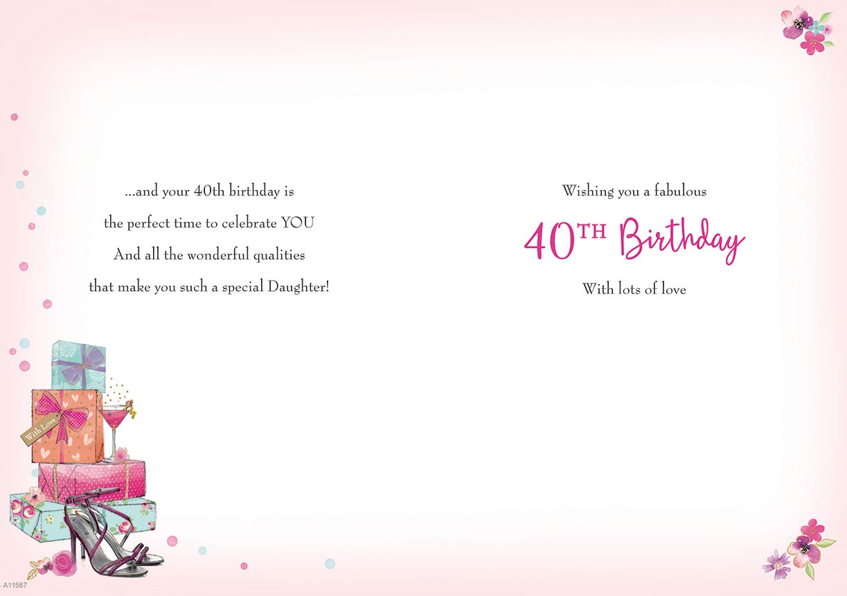 Piccadilly Greetings Traditional Age 40 Daughter Birthday Card | Pink | 10 x 7 inches