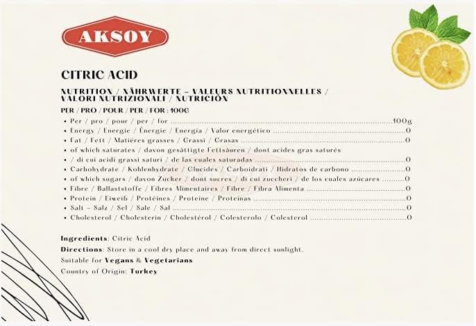Aksoy - Citric Acid Food Grade 385g | Non-GMO, for Bath Bombs, Cleaning, Canning