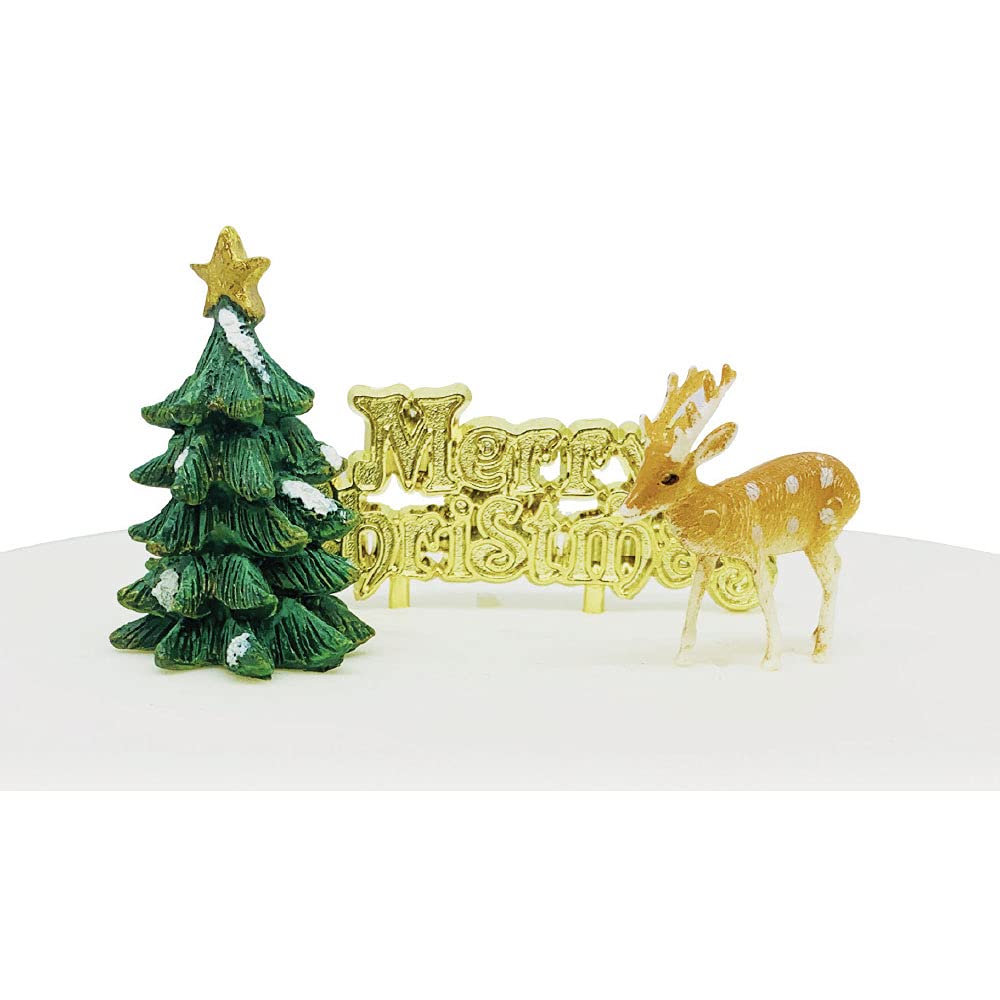 Anniversary House 3pc Christmas Cake Topper Set - Resin Tree, Plastic Reindeer & Gold Motto | Non-Edible