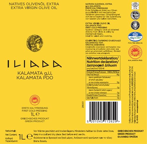 Iliada PDO Kalamata Extra Virgin Olive Oil Tin - 1000 ml