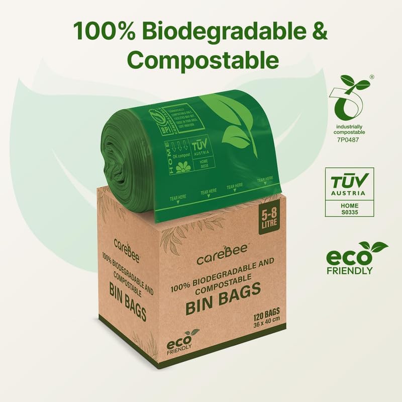CareBee Biodegradable Kitchen Bin Bags - 120 Count, 8L Capacity, Compostable & Leak-Proof 3
