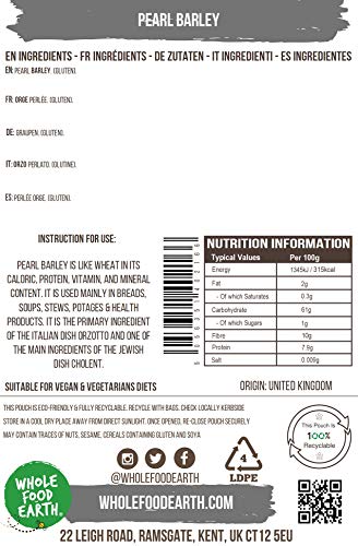 Wholefood Earth Pearl Barley 500g | GMO-Free | High Fibre | Vegan | Recyclable Packaging