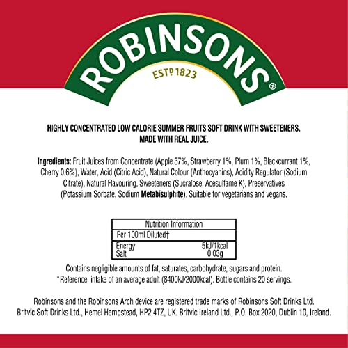 Robinsons Mini Summer Fruits Squash - No Added Sugar, Low Calorie, 66ml Concentrate for 20 Drinks