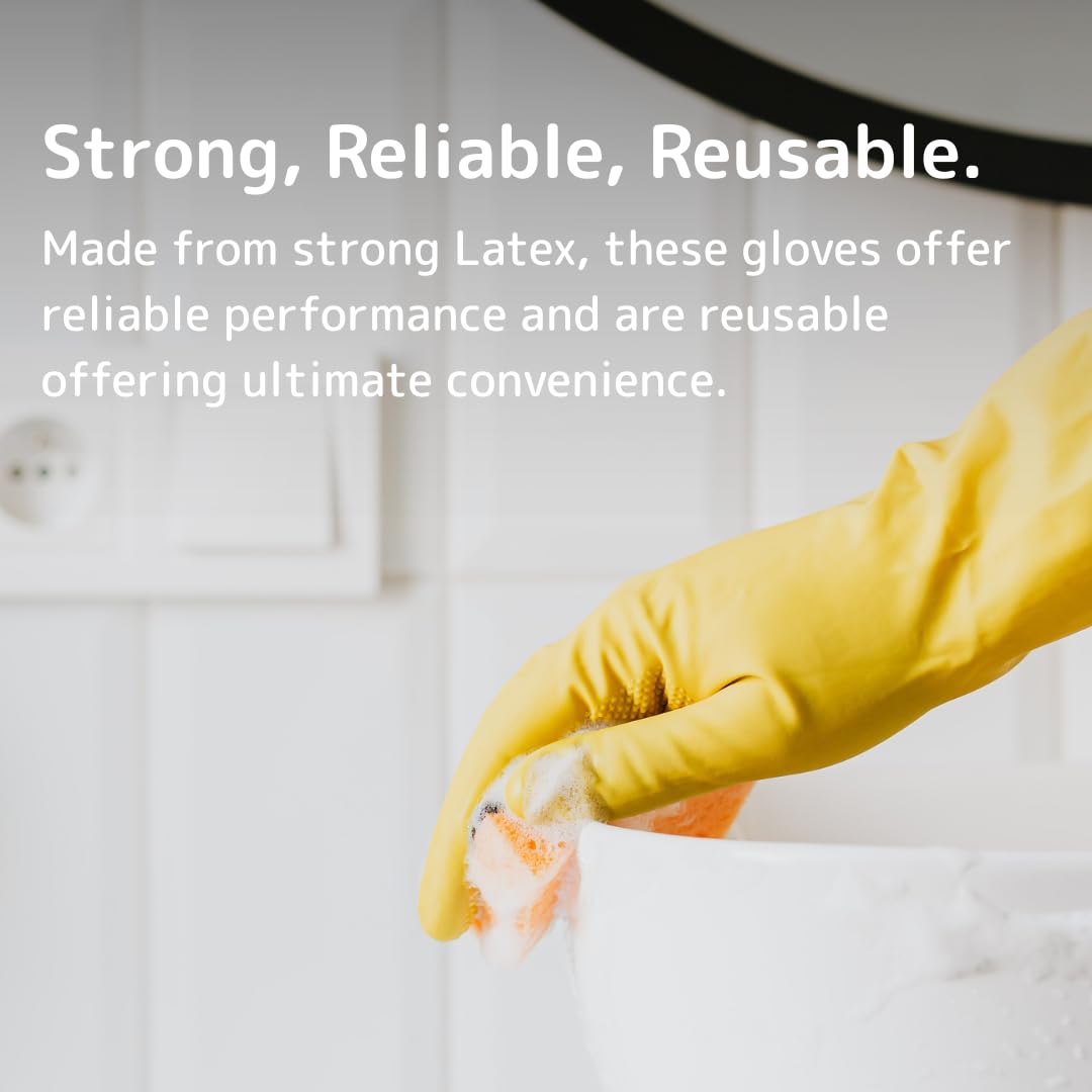 Essentialz Yellow Latex Household Gloves - Medium Size, Reusable, Powder-Free | 2 Count 2