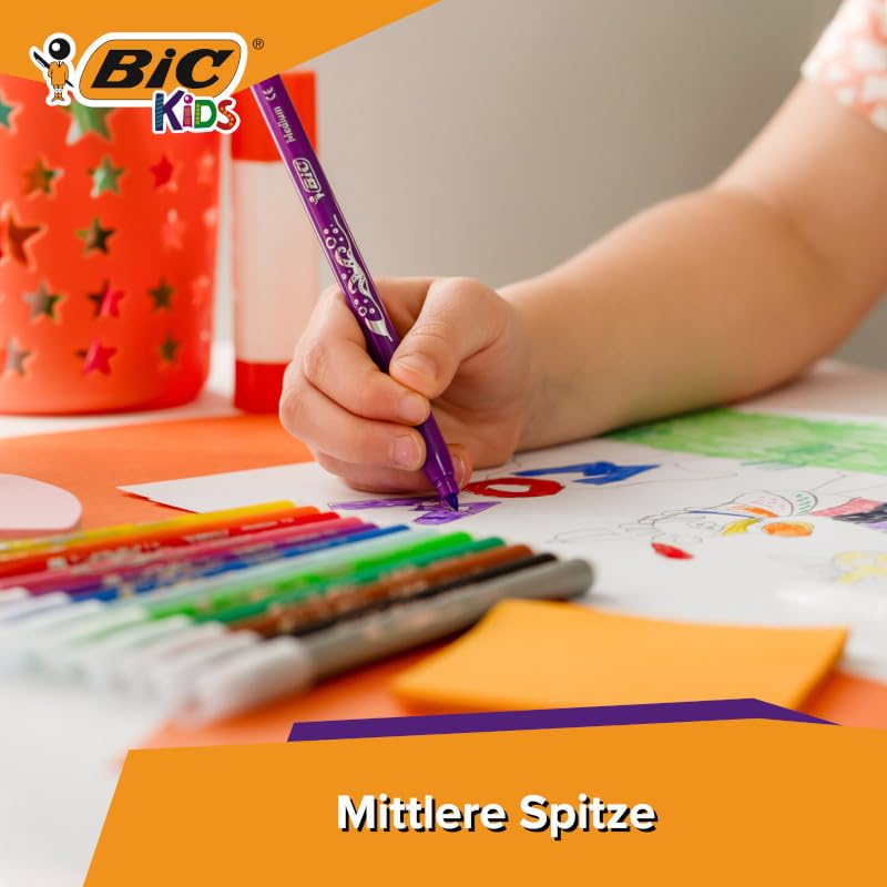 BIC Kids Kid Couleur Felt Tip Pens - 24 Assorted Colors, Washable, Medium Nib, Cardboard Wallet 12