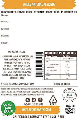Wholefood Earth Whole Natural Almonds 1 kg | GMO-Free | Vegan | High in Fibre