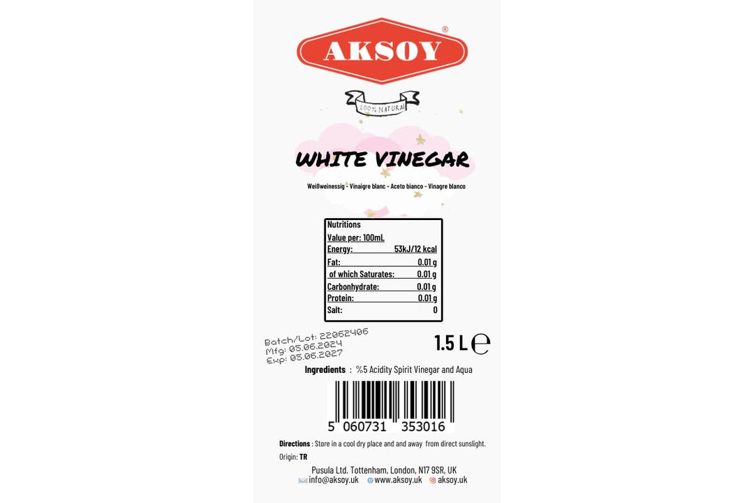Aksoy Distilled White Spirit Vinegar 1.5L - Ideal for Cooking, Pickling & Natural Cleaning