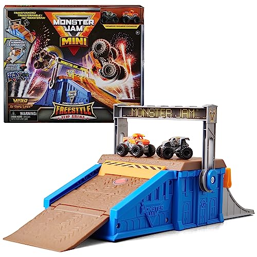 Monster Jam Mini Freestyle Flip Arena Playset - 2 Mini Trucks & Portable Storage for Ages 3+