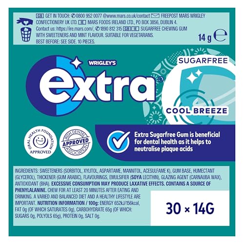 Extra - Cool Breeze Sugar Free Chewing Gum, 30 Packs of 10 Pieces (300 Pieces Total)