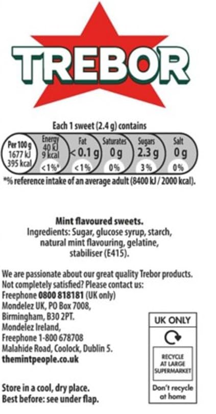 Trebor Extra Strong Peppermint Mint Sweets, 4 Pack Rolls, 146 g (Pack of 12)