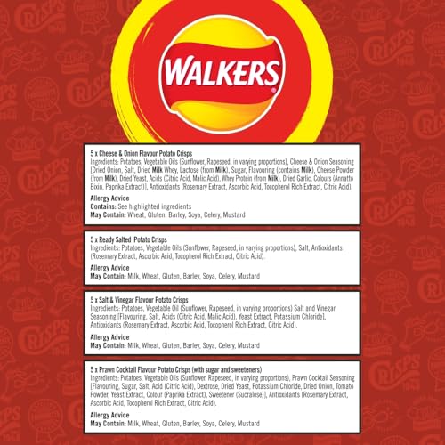 Walkers Classic Variety Multipack Crisps Box 20x25g - Ready Salted, Cheese & Onion, Salt & Vinegar, Prawn Cocktail 7