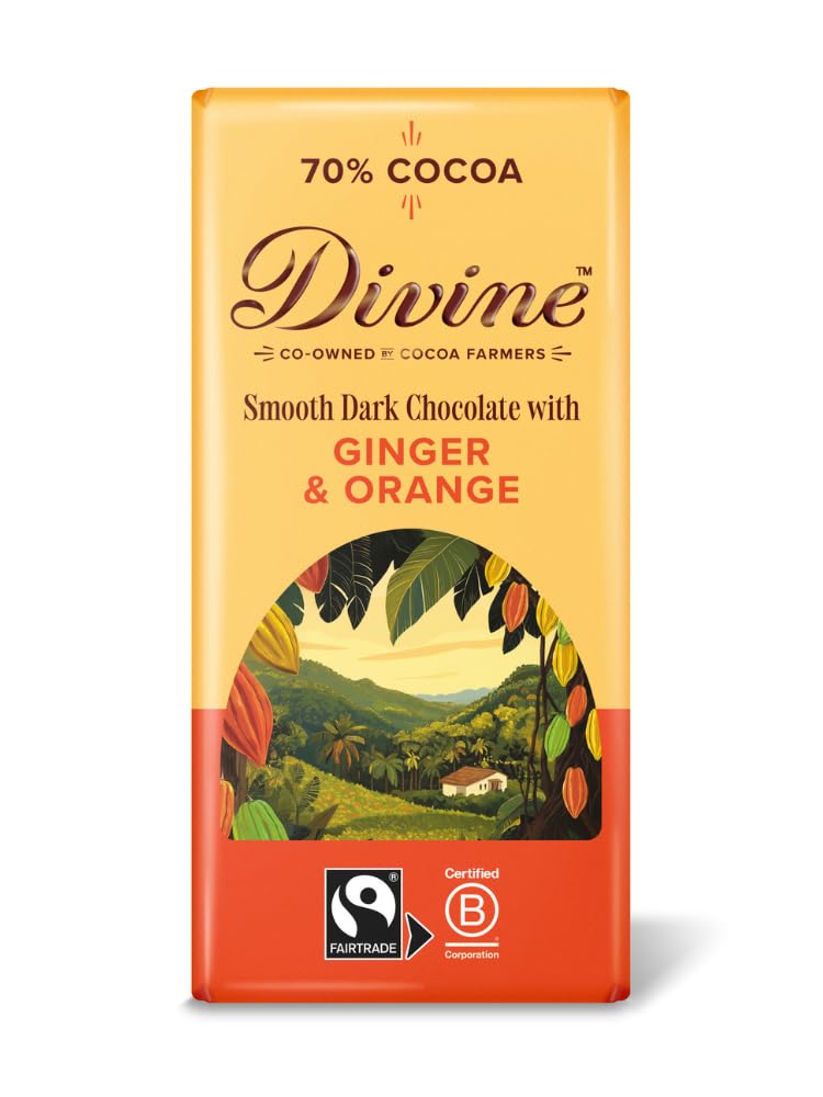 Divine 70% Cocoa Dark Chocolate with Ginger & Orange Bar | 90g Fairtrade 1