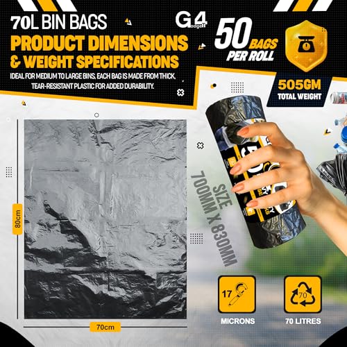 G4GADGET 70L Black Bin Bags (50 Bags) – Heavy-Duty Refuse Sacks for Home & Commercial Use