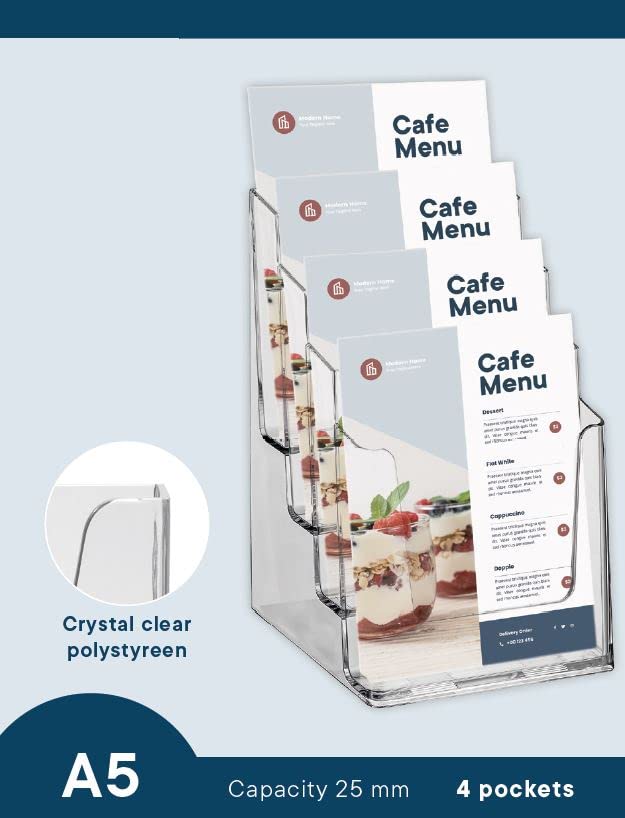 Europel Tiered Brochure Holder Stand - 4x A5 Capacity | Clear Acrylic | Tabletop Mounting 3