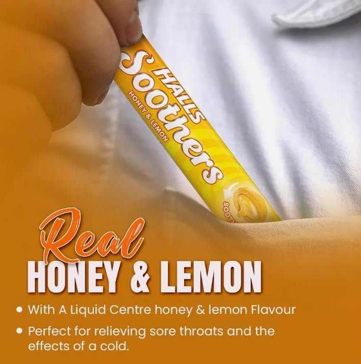 Halls - Soothers Honey & Lemon Flavoured Lozenges with Real Fruit Juices, 45 g