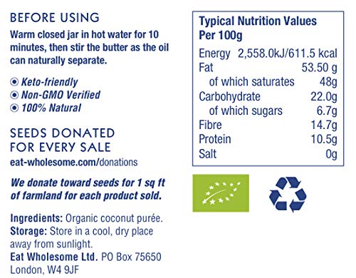 Eat Wholesome Organic Creamed Coconut Butter, 500g - 100% Natural Coconut Purée in Glass Jar