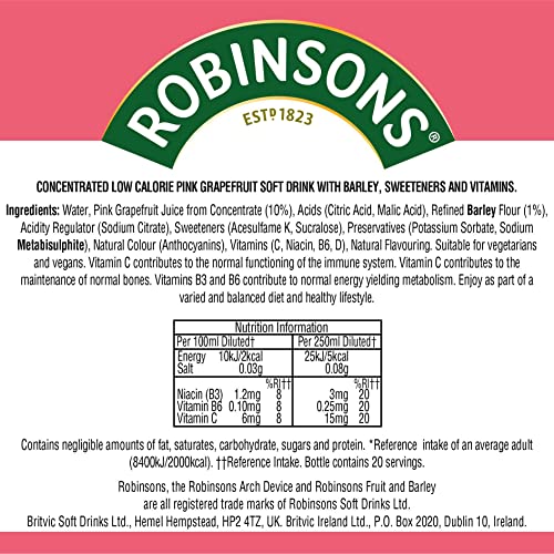 Robinsons Fruit and Barley - Real Fruit Squash, Low Calorie - Pink Grapefruit 6