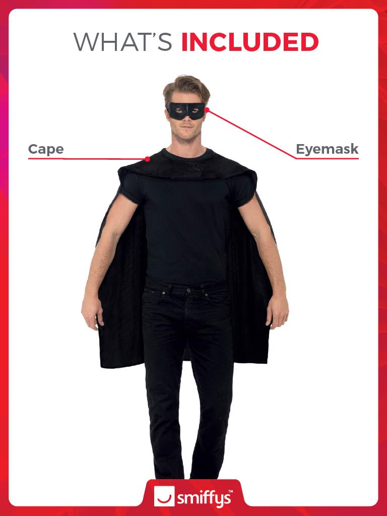 Smiffys Superhero Costume Accessory Set - Black Cape & Eyemask | One Size | Polyester