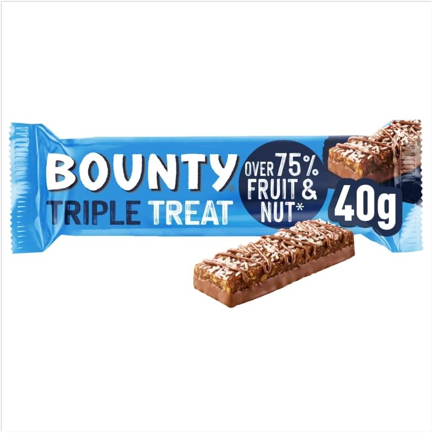 Bounty Triple Treat Fruit & Nut Chocolate Bars, Milk Chocolate Snacks with Dates, Raisins & Peanuts, 18-Pack