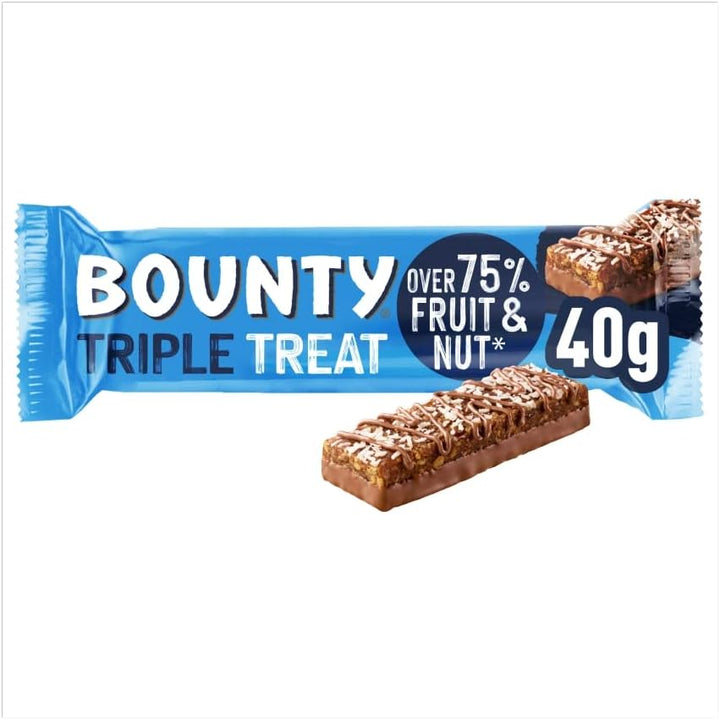 Bounty Triple Treat Fruit & Nut Chocolate Bars, Milk Chocolate Snacks with Dates, Raisins & Peanuts, 18-Pack