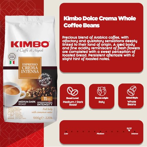 Kimbo Crema Intensa Whole Coffee Beans - Medium Roast, 1kg Bag