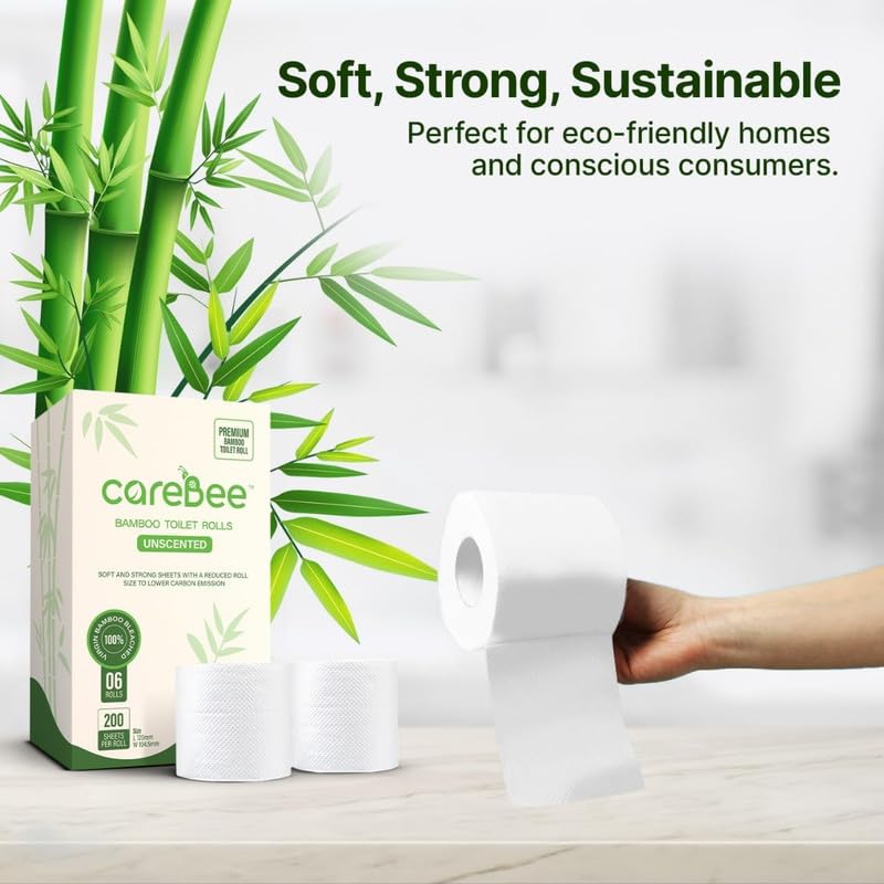 CareBee Bamboo Toilet Rolls - Unscented 3-Ply | 6 Rolls, 1200 Sheets Total 4