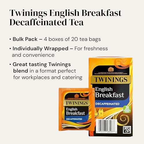 Twinings English Breakfast Decaffeinated Tea Bags, 4 Boxes of 20 Individually Wrapped